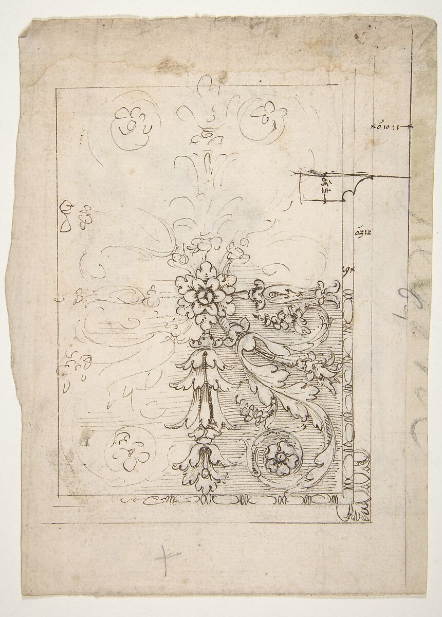 Temple of Castor and Pollux, soffit panel, ceiling plan (recto) Unidentified, stucco or fresco, details (verso), Drawn by Anonymous, French, 16th century, Dark brown ink, black chalk, and incised lines 