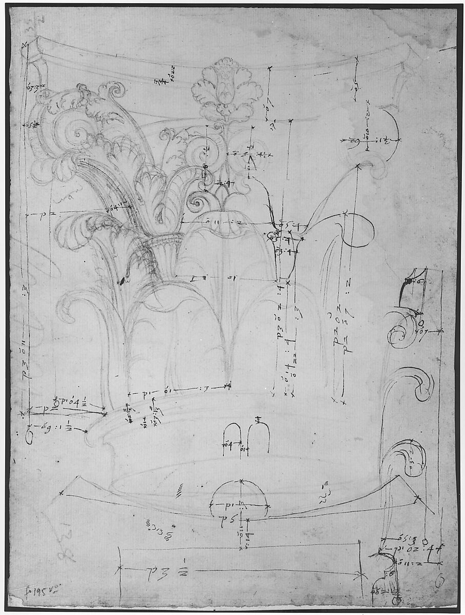 Unidentified Corinthian capital, elevation, section, and ceiling plan (recto) blank (verso), Drawn by Anonymous, French, 16th century, Dark brown ink, black chalk, and incised lines