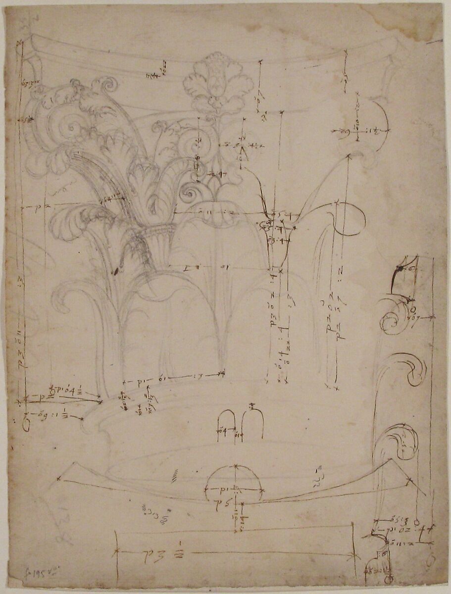 Unidentified Corinthian capital, elevation, section, and ceiling plan (recto) blank (verso), Drawn by Anonymous, French, 16th century, Dark brown ink, black chalk, and incised lines