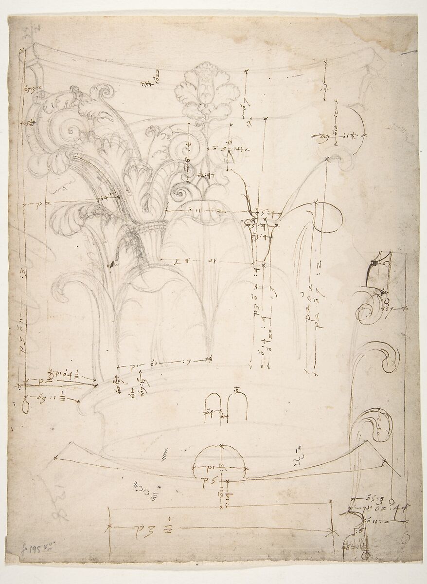 Unidentified Corinthian capital, elevation, section, and ceiling plan (recto) blank (verso), Drawn by Anonymous, French, 16th century, Dark brown ink, black chalk, and incised lines 