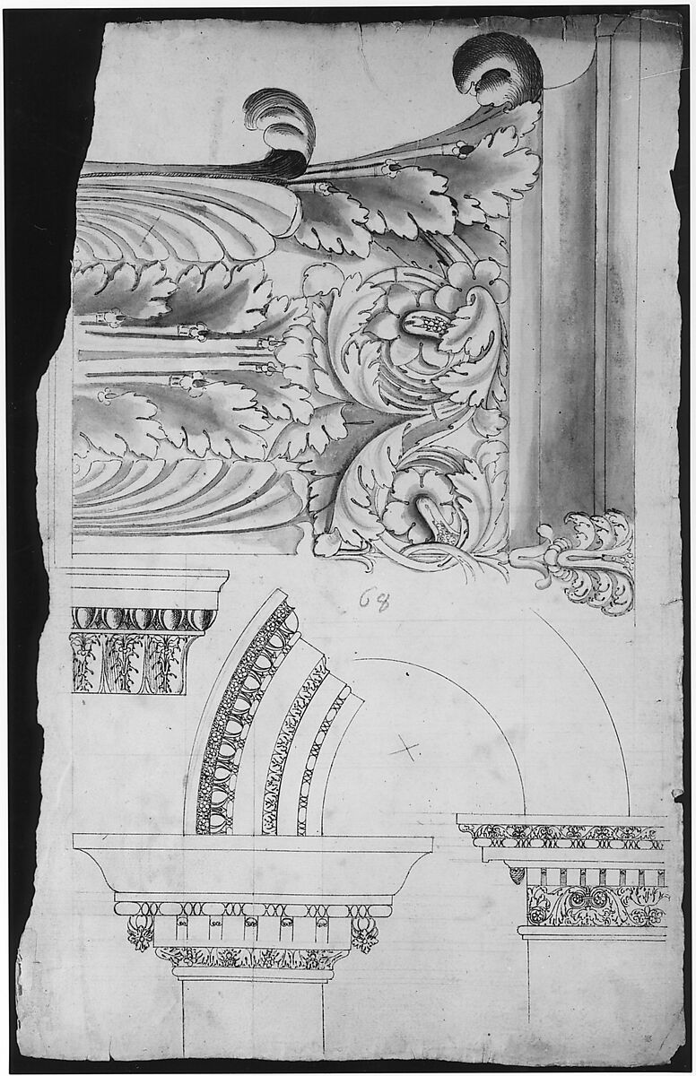 Arch of Septimius Severus, pilaster capital, elevation; impost and arch elevation; detail (recto) blank (verso), Drawn by Anonymous, French, 16th century, Dark brown ink, black chalk, and incised lines