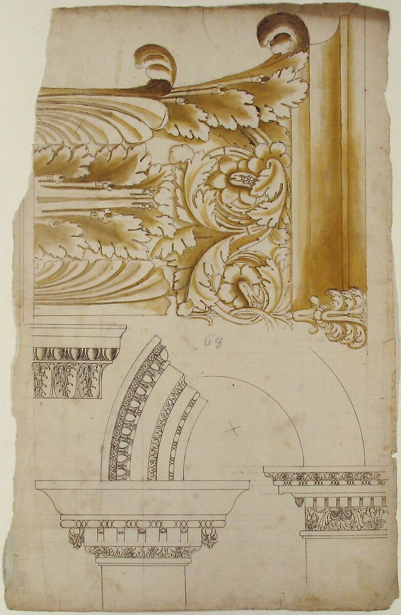Arch of Septimius Severus, pilaster capital, elevation; impost and arch elevation; detail (recto) blank (verso), Drawn by Anonymous, French, 16th century, Dark brown ink, black chalk, and incised lines