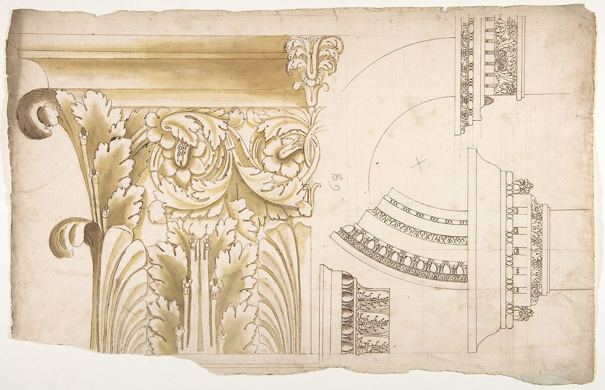 Arch of Septimius Severus, pilaster capital, elevation; impost and arch elevation; detail (recto) blank (verso), Drawn by Anonymous, French, 16th century, Dark brown ink, black chalk, and incised lines 