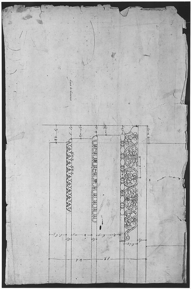 Temple of Minerva, elevation of architrave (recto) Temple of Minerva, column shaft (verso), Drawn by Anonymous, French, 16th century, Dark brown ink, black chalk, and incised lines