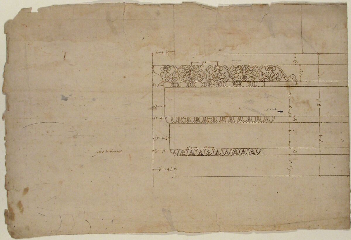Temple of Minerva, elevation of architrave (recto) Temple of Minerva, column shaft (verso), Drawn by Anonymous, French, 16th century, Dark brown ink, black chalk, and incised lines