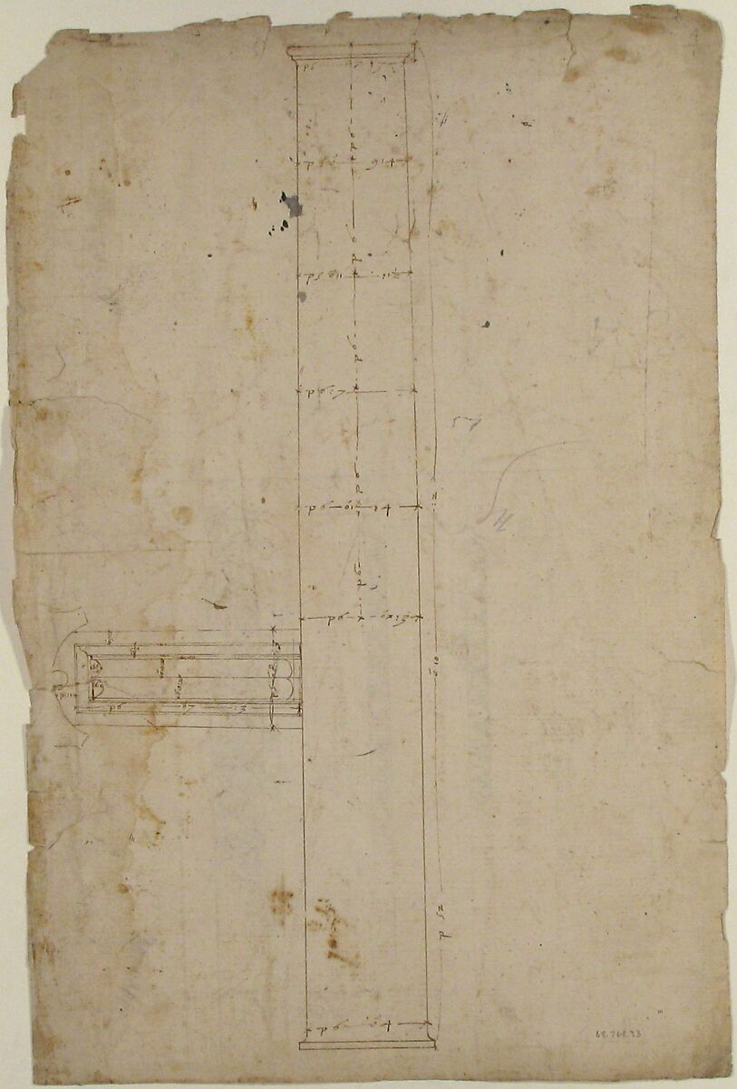 Temple of Minerva, elevation of architrave (recto) Temple of Minerva, column shaft (verso), Drawn by Anonymous, French, 16th century, Dark brown ink, black chalk, and incised lines