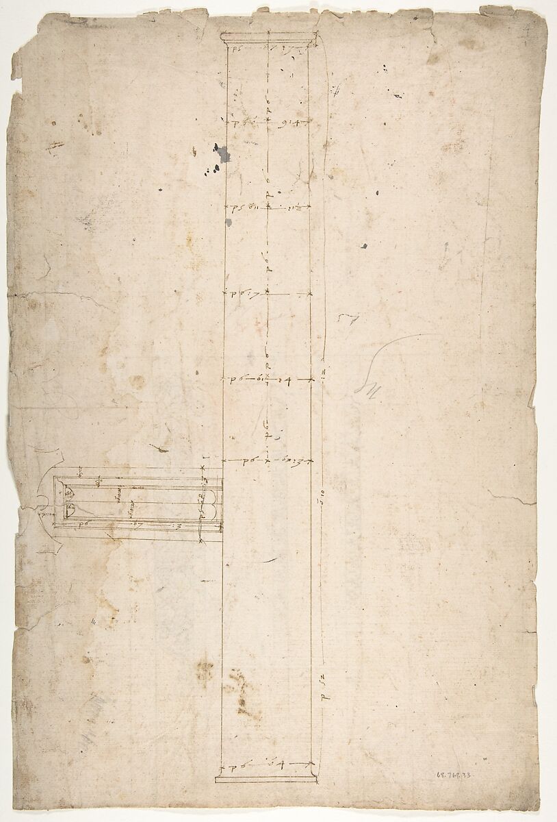 Temple of Minerva, elevation of architrave (recto) Temple of Minerva, column shaft (verso), Drawn by Anonymous, French, 16th century, Dark brown ink, black chalk, and incised lines