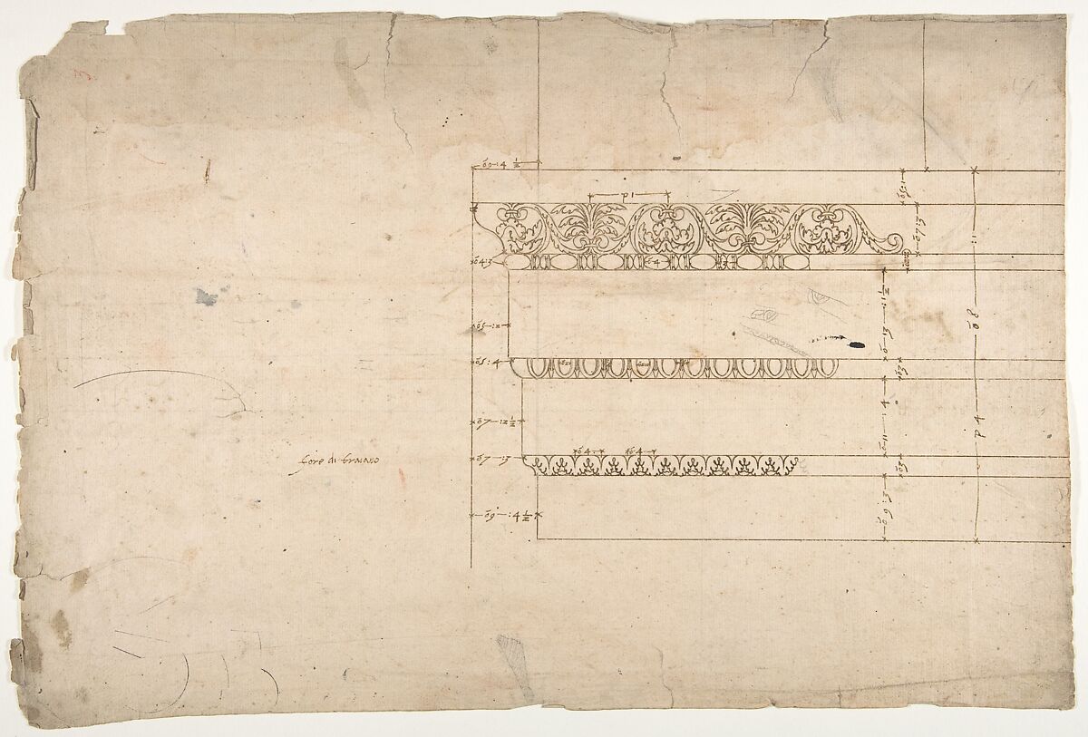 Temple of Minerva, elevation of architrave (recto) Temple of Minerva, column shaft (verso), Drawn by Anonymous, French, 16th century, Dark brown ink, black chalk, and incised lines 