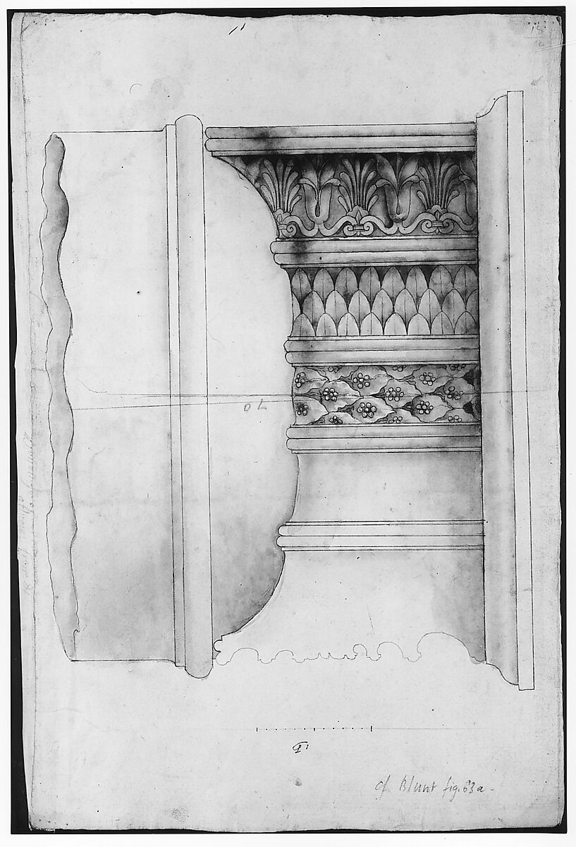 Unidentified, Ionic capital, elevation (recto) blank (verso), Drawn by Anonymous, French, 16th century, Dark brown ink, black chalk, and incised lines