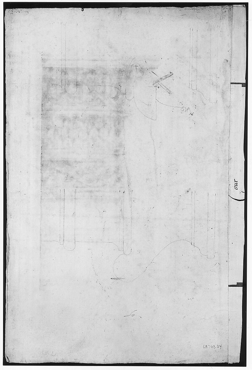 Unidentified, Ionic capital, elevation (recto) blank (verso), Drawn by Anonymous, French, 16th century, Dark brown ink, black chalk, and incised lines
