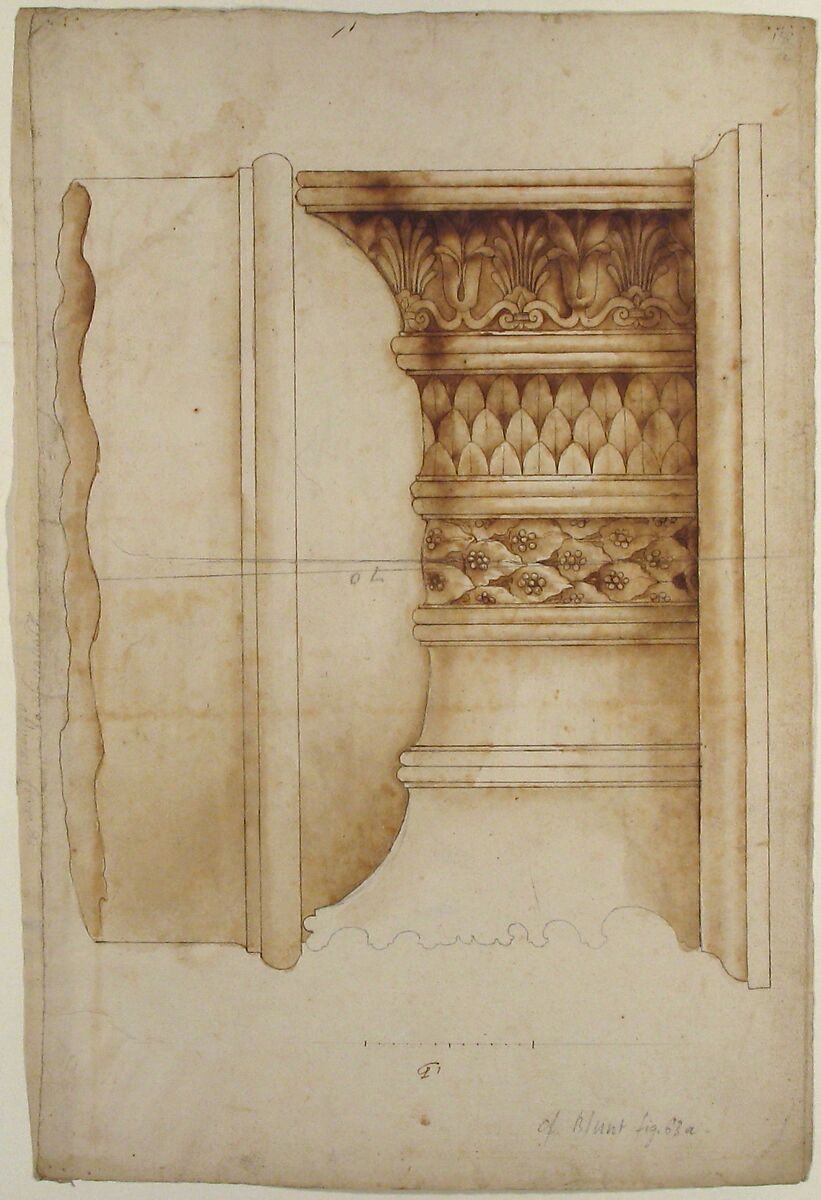 Unidentified, Ionic capital, elevation (recto) blank (verso), Drawn by Anonymous, French, 16th century, Dark brown ink, black chalk, and incised lines