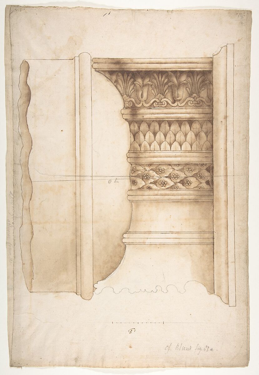Unidentified, Ionic capital, elevation (recto) blank (verso), Drawn by Anonymous, French, 16th century, Dark brown ink, black chalk, and incised lines 