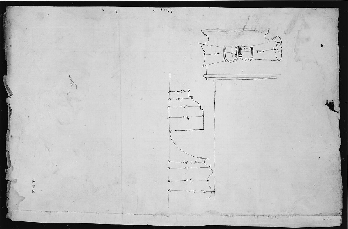 Unidentified, Ionic capital, elevation, front and side (recto) Unidentifed, Ionic capital, section, detail; Ionic capital, elevation, detail  (verso), Drawn by Anonymous, French, 16th century, Dark brown ink, black chalk, and incised lines