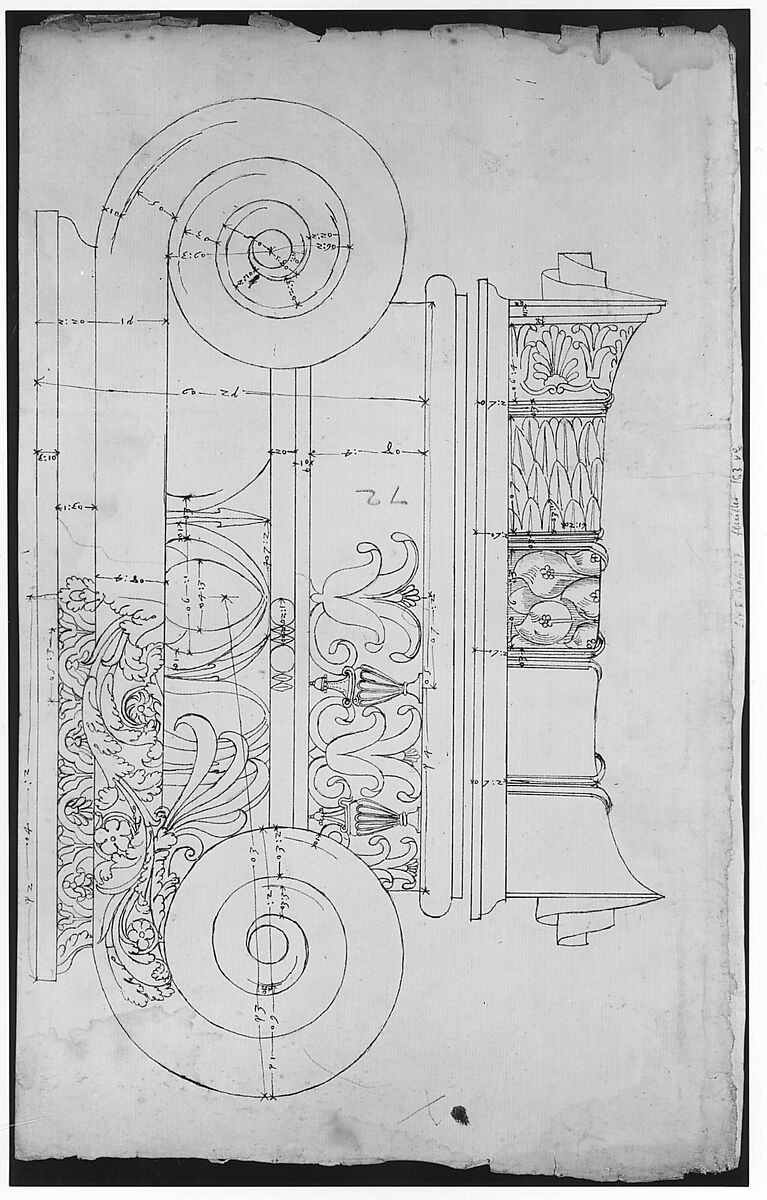 Unidentified, Ionic capital, elevation, front and side (recto) Unidentifed, Ionic capital, section, detail; Ionic capital, elevation, detail  (verso), Drawn by Anonymous, French, 16th century, Dark brown ink, black chalk, and incised lines
