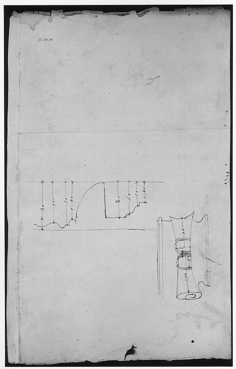 Unidentified, Ionic capital, elevation, front and side (recto) Unidentifed, Ionic capital, section, detail; Ionic capital, elevation, detail  (verso), Drawn by Anonymous, French, 16th century, Dark brown ink, black chalk, and incised lines