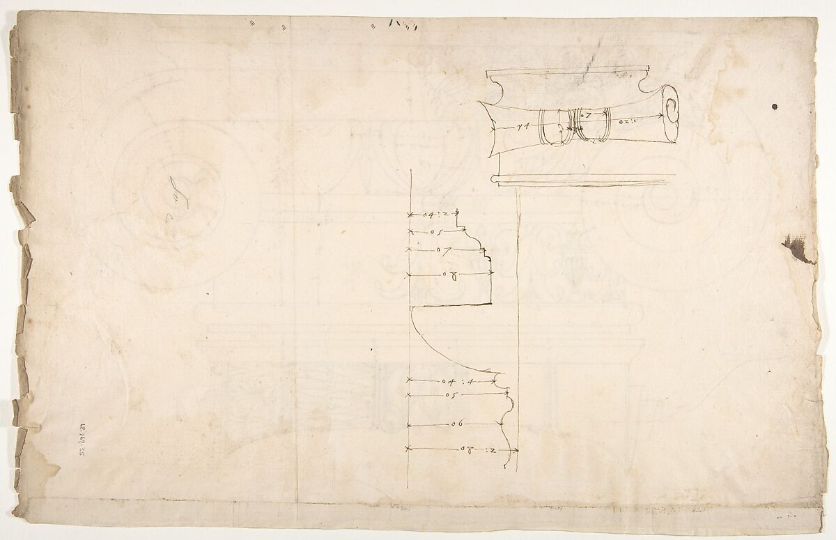 Unidentified, Ionic capital, elevation, front and side (recto) Unidentifed, Ionic capital, section, detail; Ionic capital, elevation, detail  (verso), Drawn by Anonymous, French, 16th century, Dark brown ink, black chalk, and incised lines