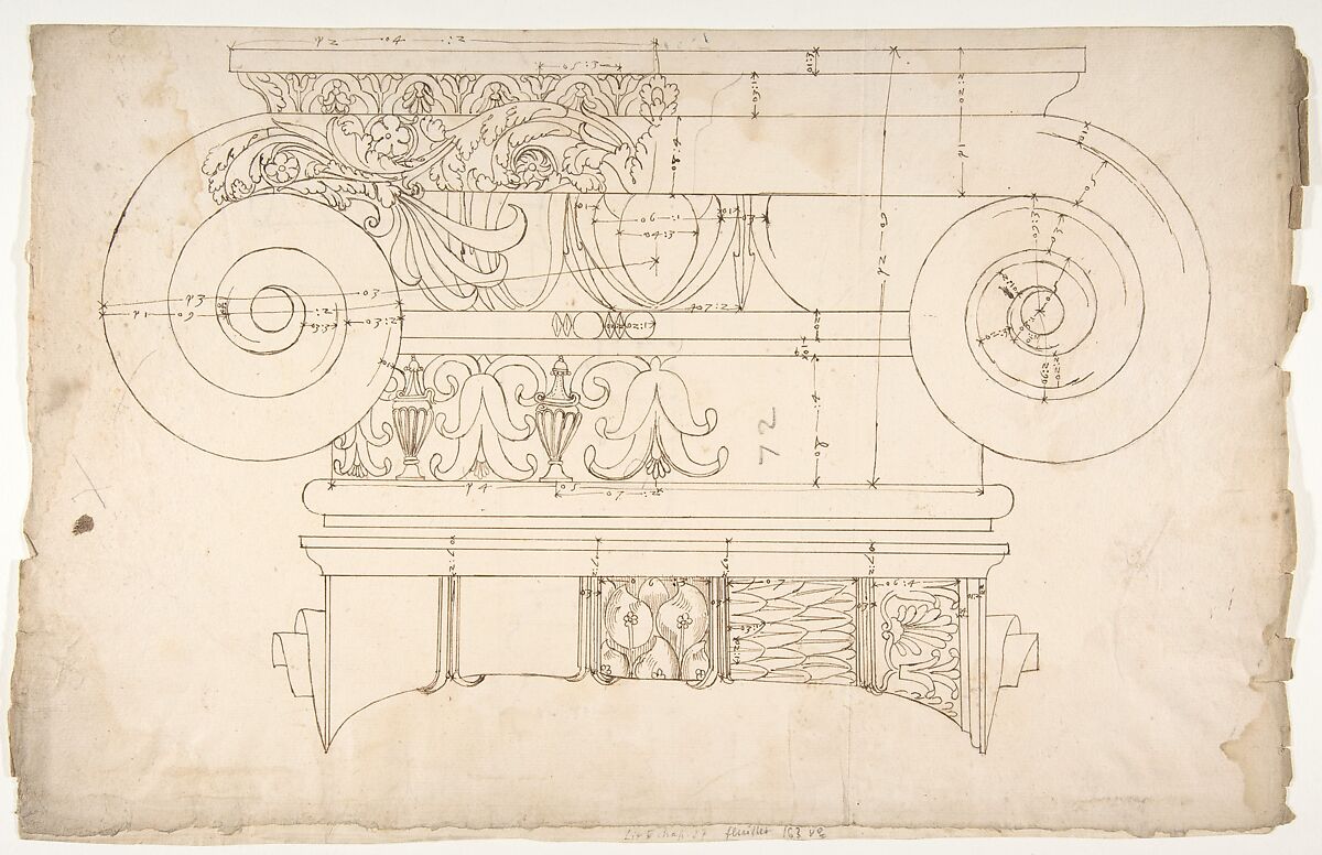 Unidentified, Ionic capital, elevation, front and side (recto) Unidentifed, Ionic capital, section, detail; Ionic capital, elevation, detail  (verso), Drawn by Anonymous, French, 16th century, Dark brown ink, black chalk, and incised lines 