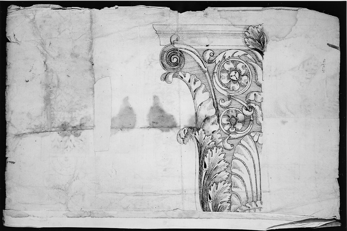Temple of Portonus, capital, elevations and plan (recto) Unidentified, capital, elevation (verso), Drawn by Anonymous, French, 16th century, Dark brown ink, black chalk, and incised lines
