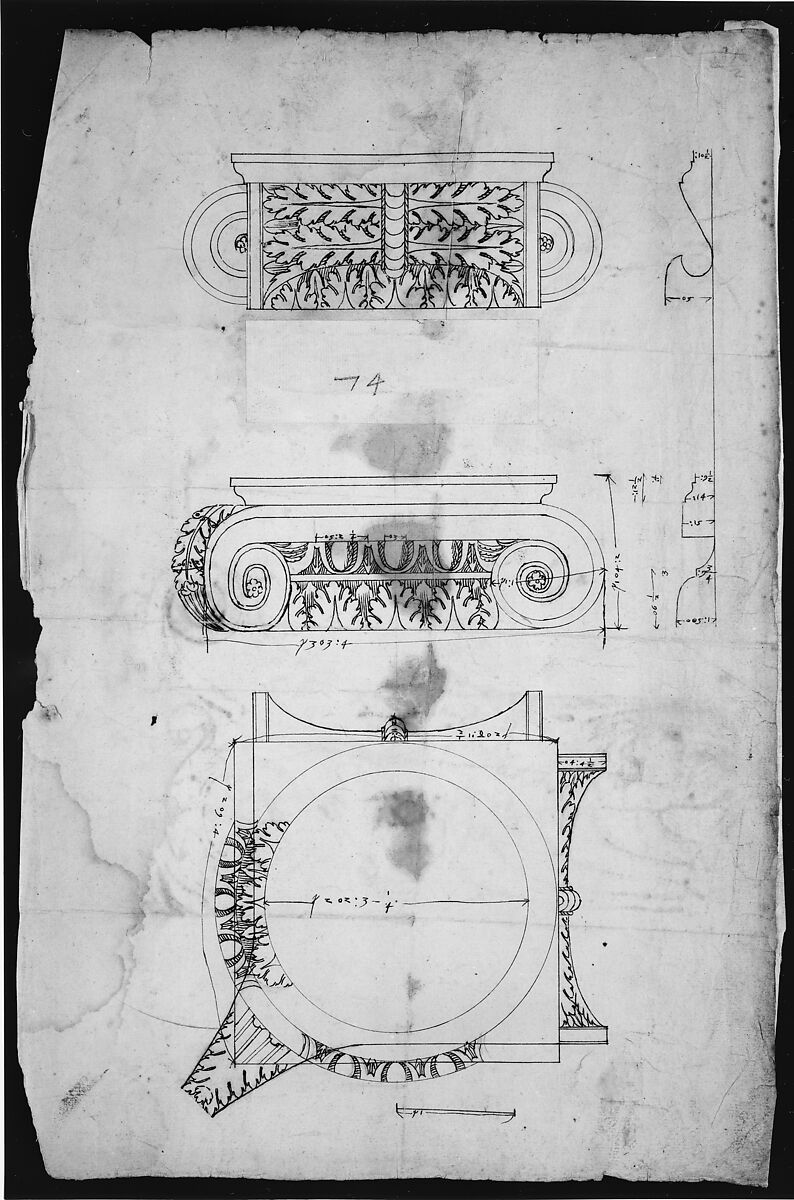 Temple of Portonus, capital, elevations and plan (recto) Unidentified, capital, elevation (verso), Drawn by Anonymous, French, 16th century, Dark brown ink, black chalk, and incised lines