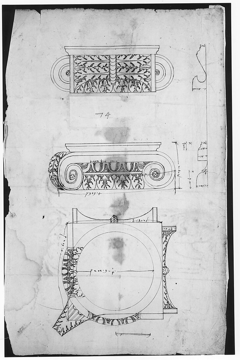 Temple of Portonus, capital, elevations and plan (recto) Unidentified, capital, elevation (verso), Drawn by Anonymous, French, 16th century, Dark brown ink, black chalk, and incised lines