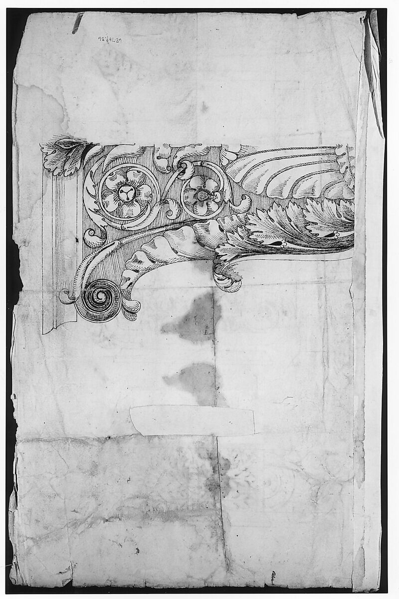 Temple of Portonus, capital, elevations and plan (recto) Unidentified, capital, elevation (verso), Drawn by Anonymous, French, 16th century, Dark brown ink, black chalk, and incised lines