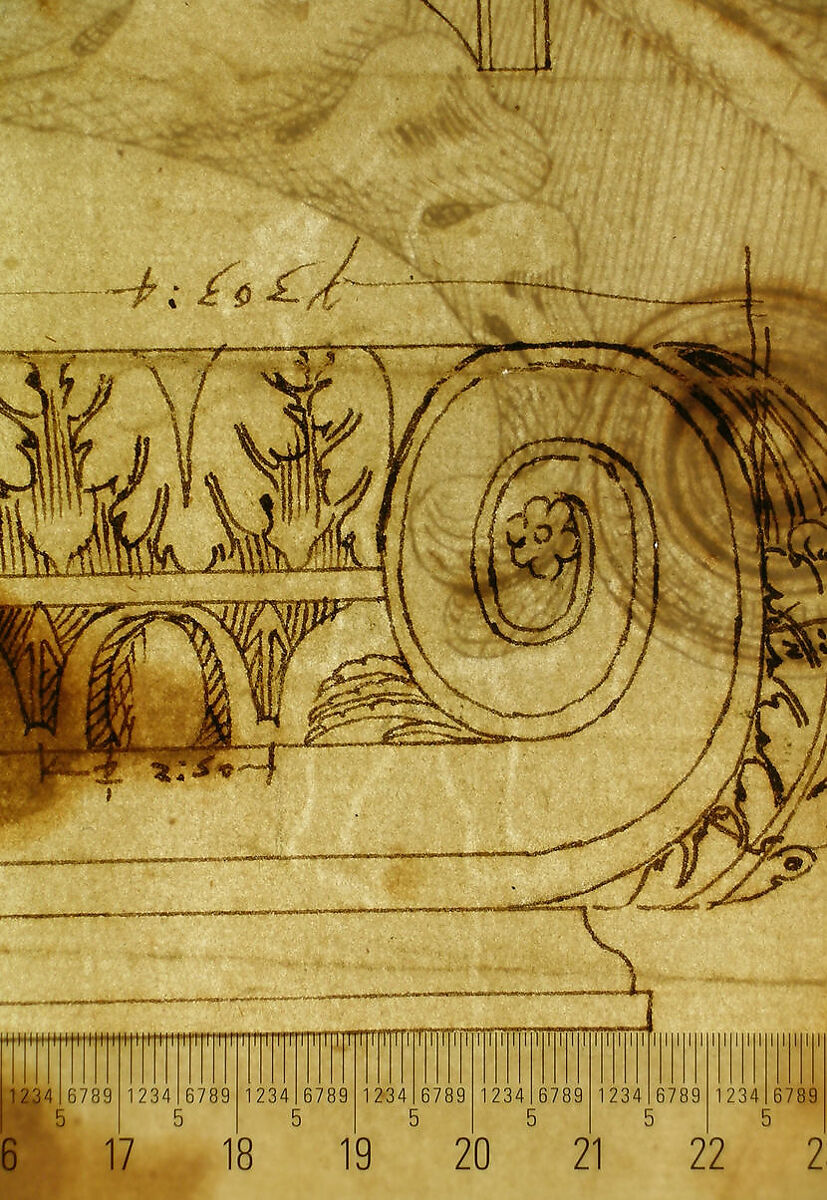 Temple of Portonus, capital, elevations and plan (recto) Unidentified, capital, elevation (verso), Drawn by Anonymous, French, 16th century, Dark brown ink, black chalk, and incised lines
