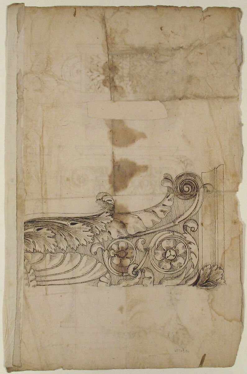 Temple of Portonus, capital, elevations and plan (recto) Unidentified, capital, elevation (verso), Drawn by Anonymous, French, 16th century, Dark brown ink, black chalk, and incised lines