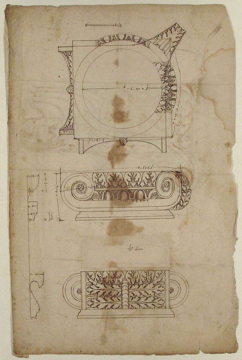 Temple of Portonus, capital, elevations and plan (recto) Unidentified, capital, elevation (verso), Drawn by Anonymous, French, 16th century, Dark brown ink, black chalk, and incised lines