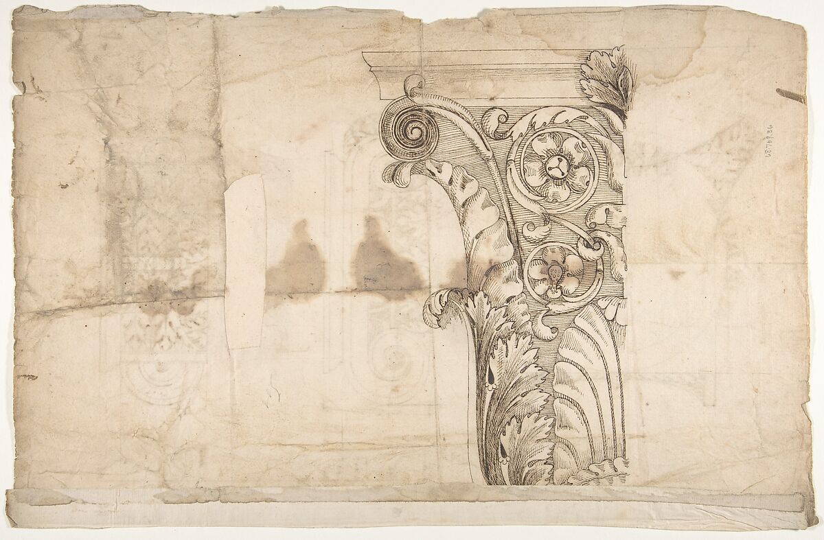 Temple of Portonus, capital, elevations and plan (recto) Unidentified, capital, elevation (verso), Drawn by Anonymous, French, 16th century, Dark brown ink, black chalk, and incised lines