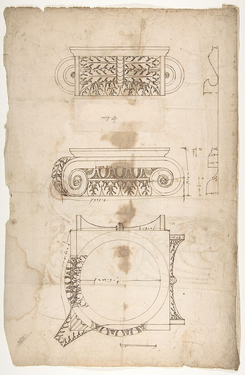 Temple of Portonus, capital, elevations and plan (recto) Unidentified, capital, elevation (verso), Drawn by Anonymous, French, 16th century, Dark brown ink, black chalk, and incised lines 