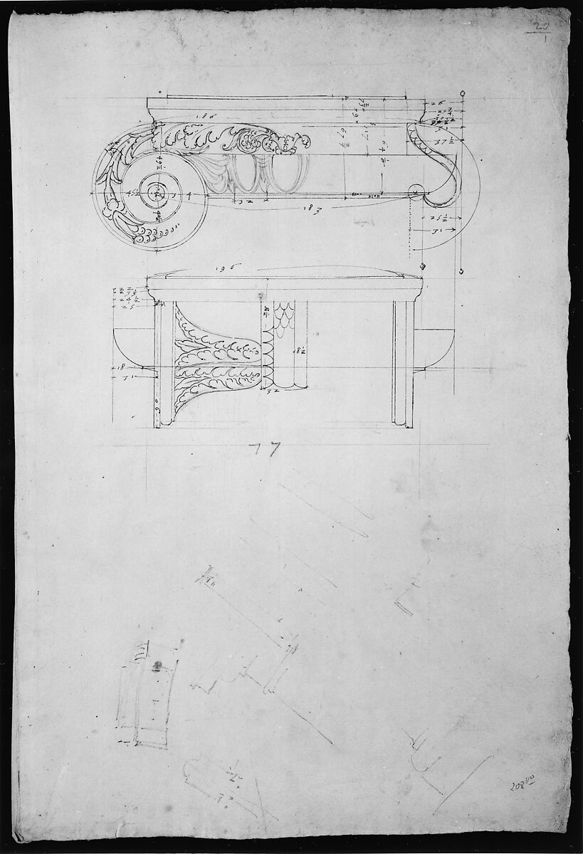 Unidentified, Ionic capital, front and side elevations with small studies (recto) calculation notes (verso), Drawn by Anonymous, French, 16th century, Dark brown ink, black chalk, and incised lines
