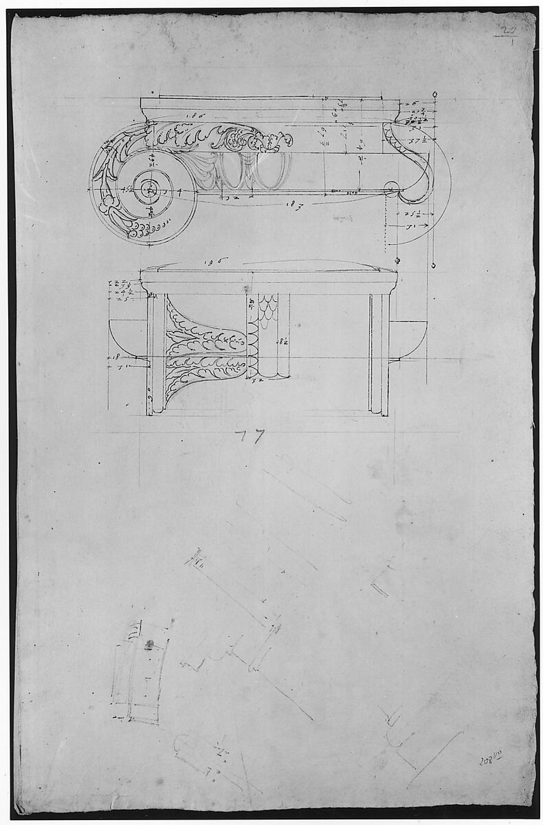 Unidentified, Ionic capital, front and side elevations with small studies (recto) calculation notes (verso), Drawn by Anonymous, French, 16th century, Dark brown ink, black chalk, and incised lines