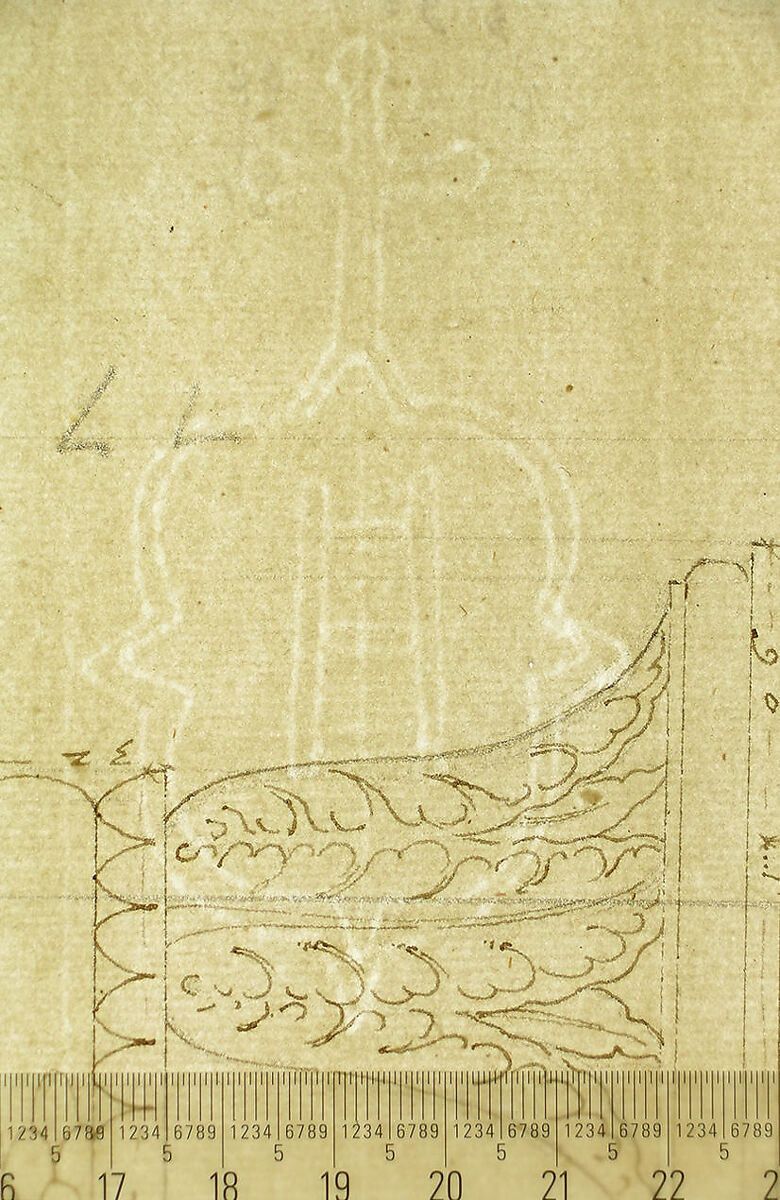 Unidentified, Ionic capital, front and side elevations with small studies (recto) calculation notes (verso), Drawn by Anonymous, French, 16th century, Dark brown ink, black chalk, and incised lines