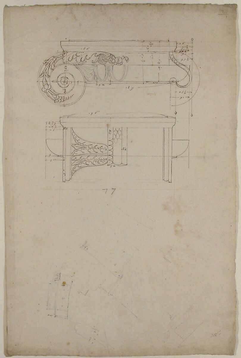 Unidentified, Ionic capital, front and side elevations with small studies (recto) calculation notes (verso), Drawn by Anonymous, French, 16th century, Dark brown ink, black chalk, and incised lines