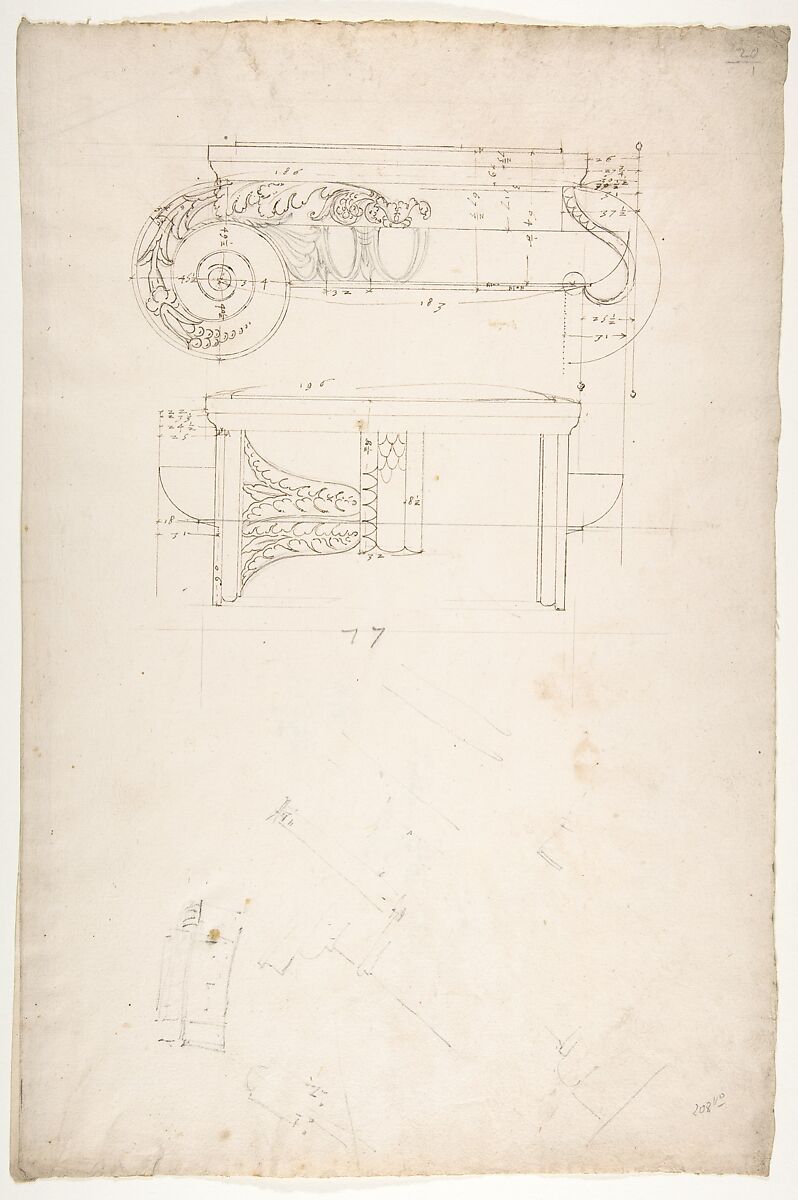 Unidentified, Ionic capital, front and side elevations with small studies (recto) calculation notes (verso), Anonymous, French, 16th century  French, Dark brown ink, black chalk, and incised lines