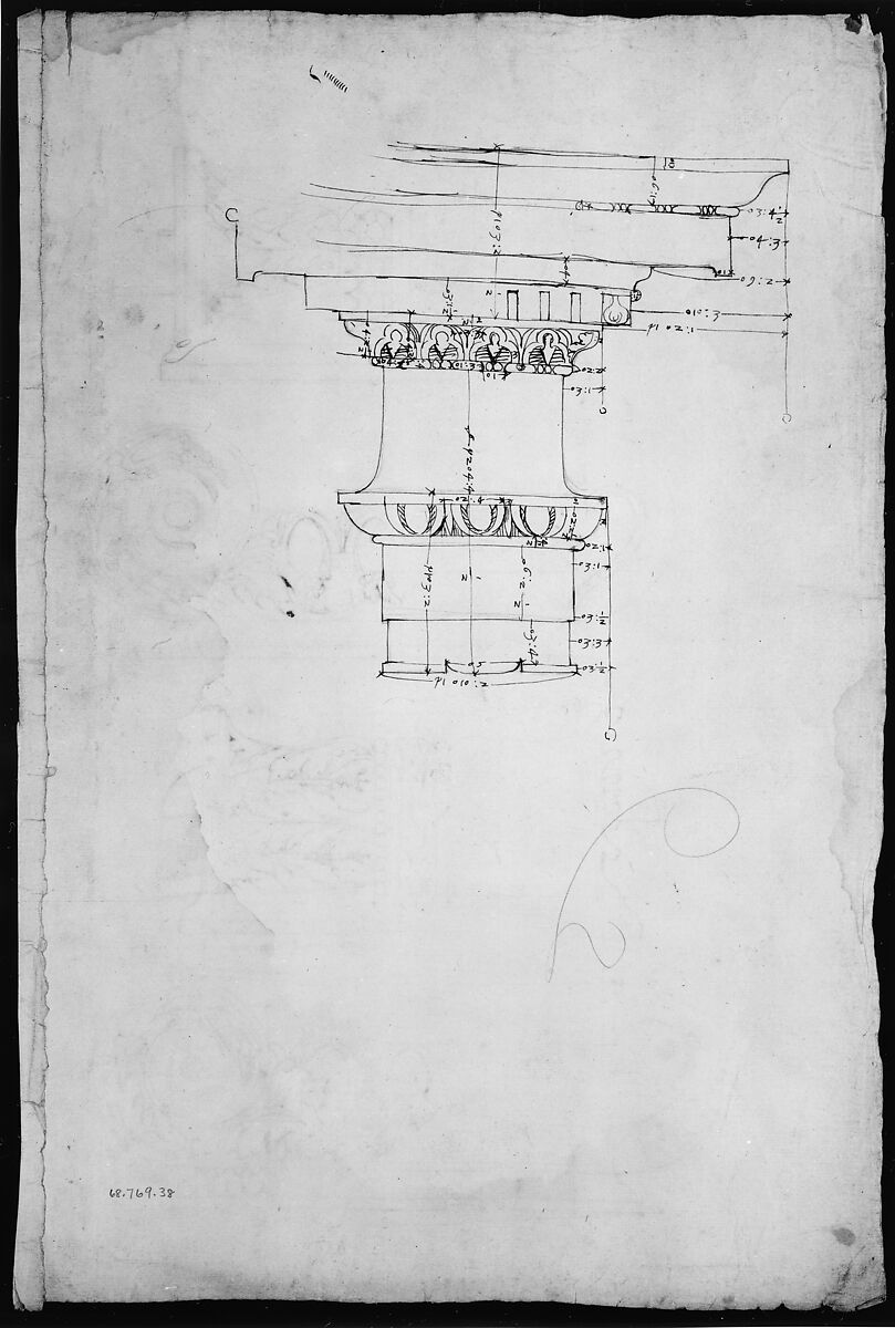 Unidentified, Ionic capitals, two front and side elevations (recto) Doric impost, elevation of entablature (verso), Drawn by Anonymous, French, 16th century, Dark brown ink, black chalk, and incised lines