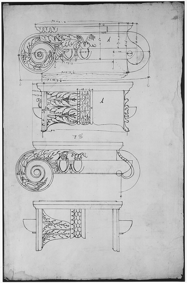 Unidentified, Ionic capitals, two front and side elevations (recto) Doric impost, elevation of entablature (verso), Drawn by Anonymous, French, 16th century, Dark brown ink, black chalk, and incised lines