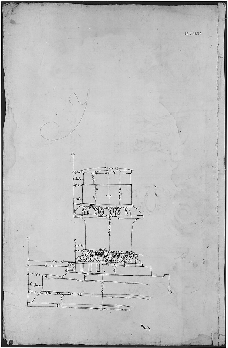 Unidentified, Ionic capitals, two front and side elevations (recto) Doric impost, elevation of entablature (verso), Drawn by Anonymous, French, 16th century, Dark brown ink, black chalk, and incised lines