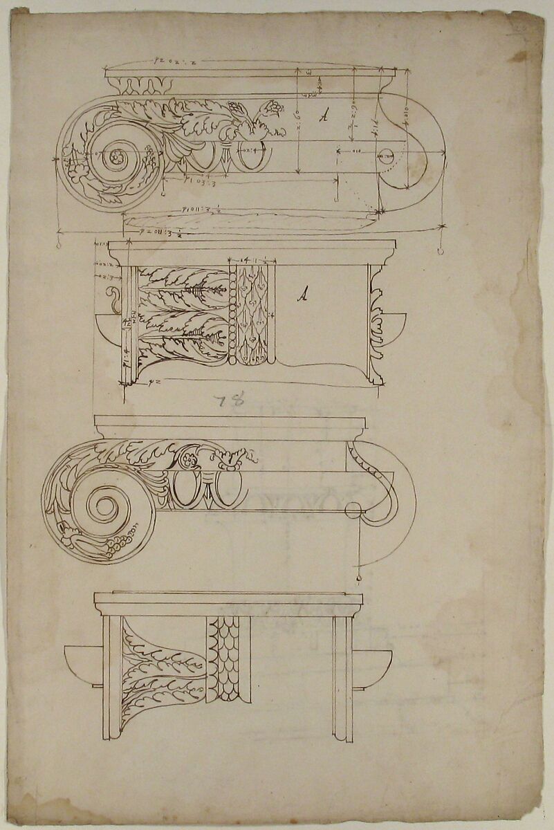 Unidentified, Ionic capitals, two front and side elevations (recto) Doric impost, elevation of entablature (verso), Drawn by Anonymous, French, 16th century, Dark brown ink, black chalk, and incised lines
