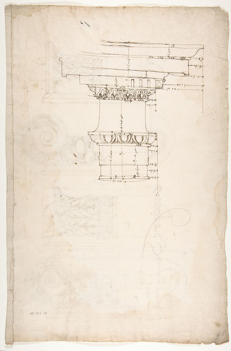 Unidentified, Ionic capitals, two front and side elevations (recto) Doric impost, elevation of entablature (verso), Drawn by Anonymous, French, 16th century, Dark brown ink, black chalk, and incised lines