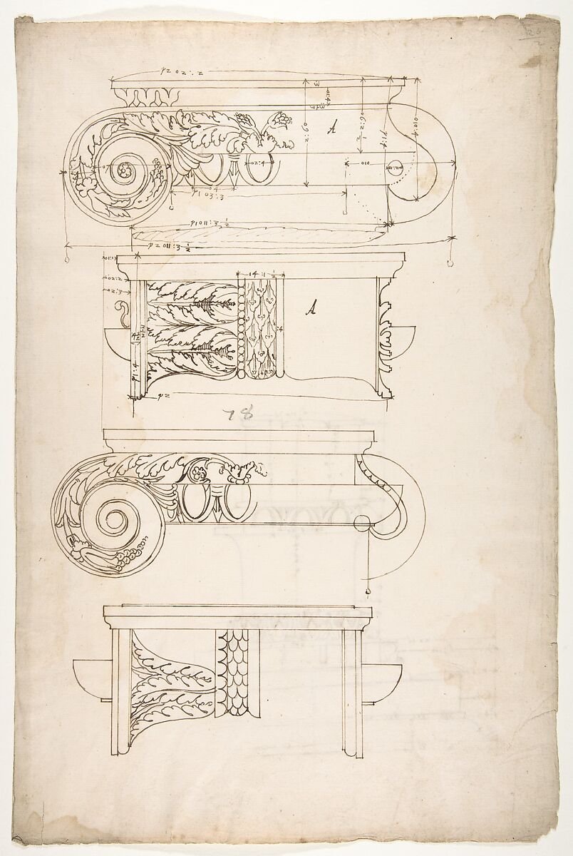 Unidentified, Ionic capitals, two front and side elevations (recto) Doric impost, elevation of entablature (verso), Drawn by Anonymous, French, 16th century, Dark brown ink, black chalk, and incised lines 