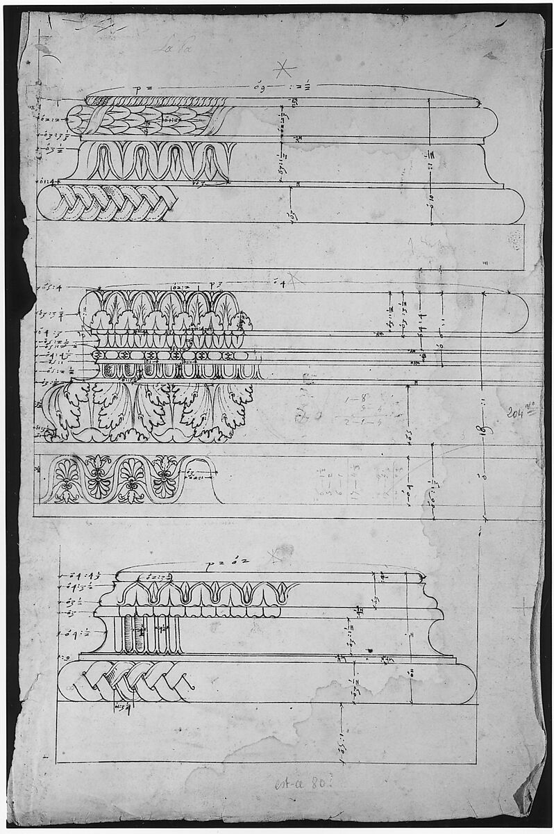 Unidentified, Composite base, elevation; Temple of Concordia, Composite base, elevation; Unidentified, Composite base, elevation (recto) blank (verso), Drawn by Anonymous, French, 16th century, Dark brown ink, black chalk, and incised lines
