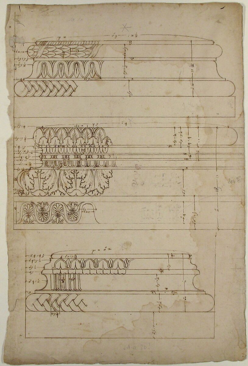 Unidentified, Composite base, elevation; Temple of Concordia, Composite base, elevation; Unidentified, Composite base, elevation (recto) blank (verso), Anonymous, French, 16th century  French, Dark brown ink, black chalk, and incised lines