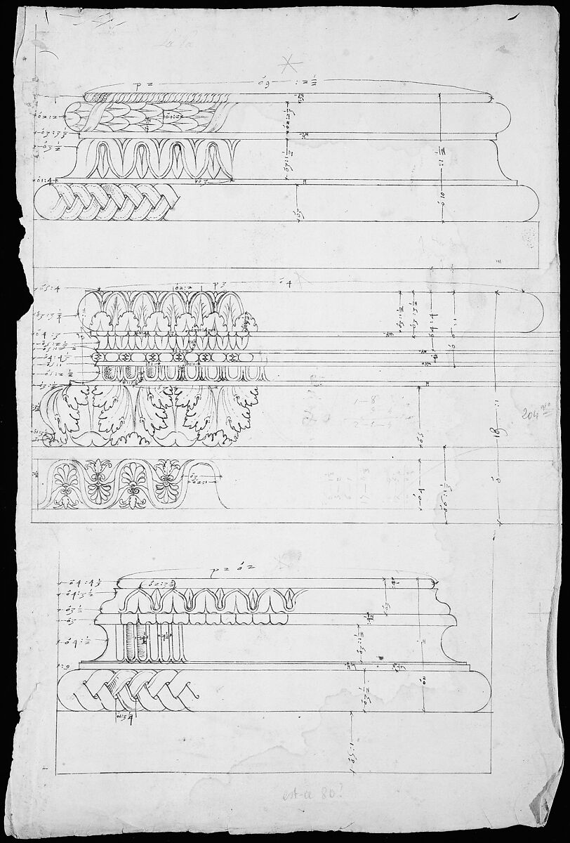 Unidentified, Composite base, elevation; Temple of Concordia, Composite base, elevation; Unidentified, Composite base, elevation (recto) blank (verso), Drawn by Anonymous, French, 16th century, Dark brown ink, black chalk, and incised lines