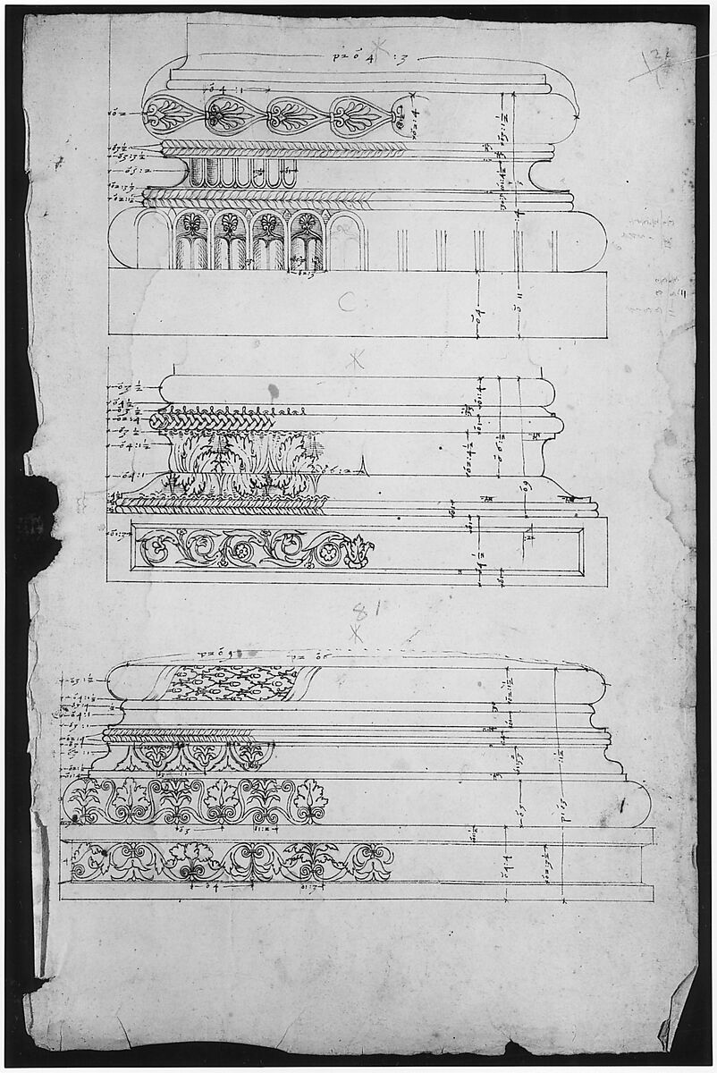 Unidentified, Composite base, elevation; Unidentified, Composite base, elevation; Unidentified, Composite base, elevation, Anonymous, French, 16th century, Pen and dark brown ink, black chalk, and incised lines