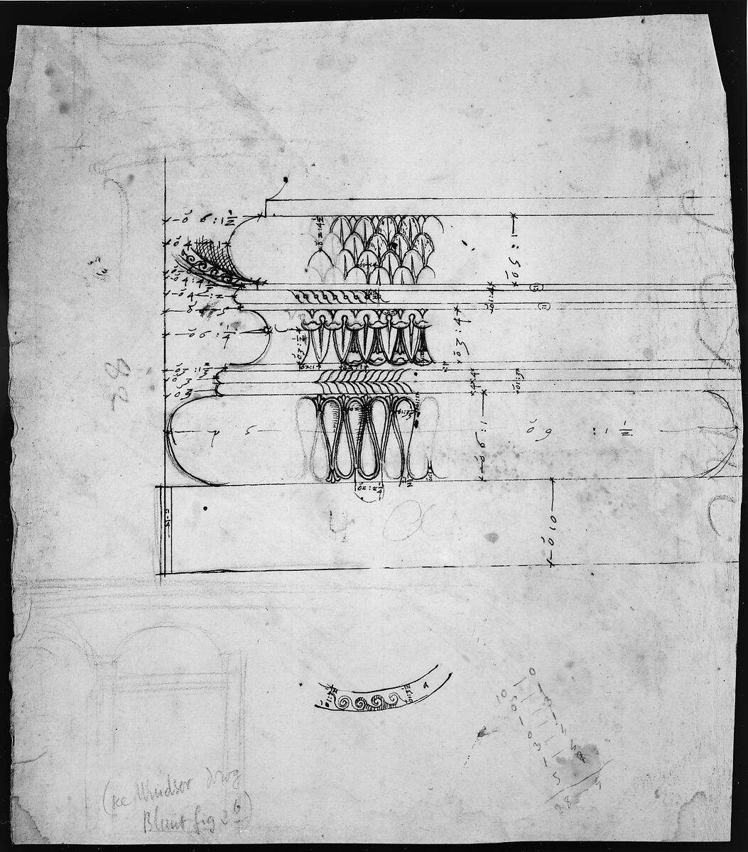 Forum of Augustus, hemicycle, Attic base, elevation and sculpted detail; Ionic capital, elevation; Palazzo Baldassini, cortile, elevation (recto) blank (verso), Drawn by Anonymous, French, 16th century, Dark brown ink, black chalk, and incised lines
