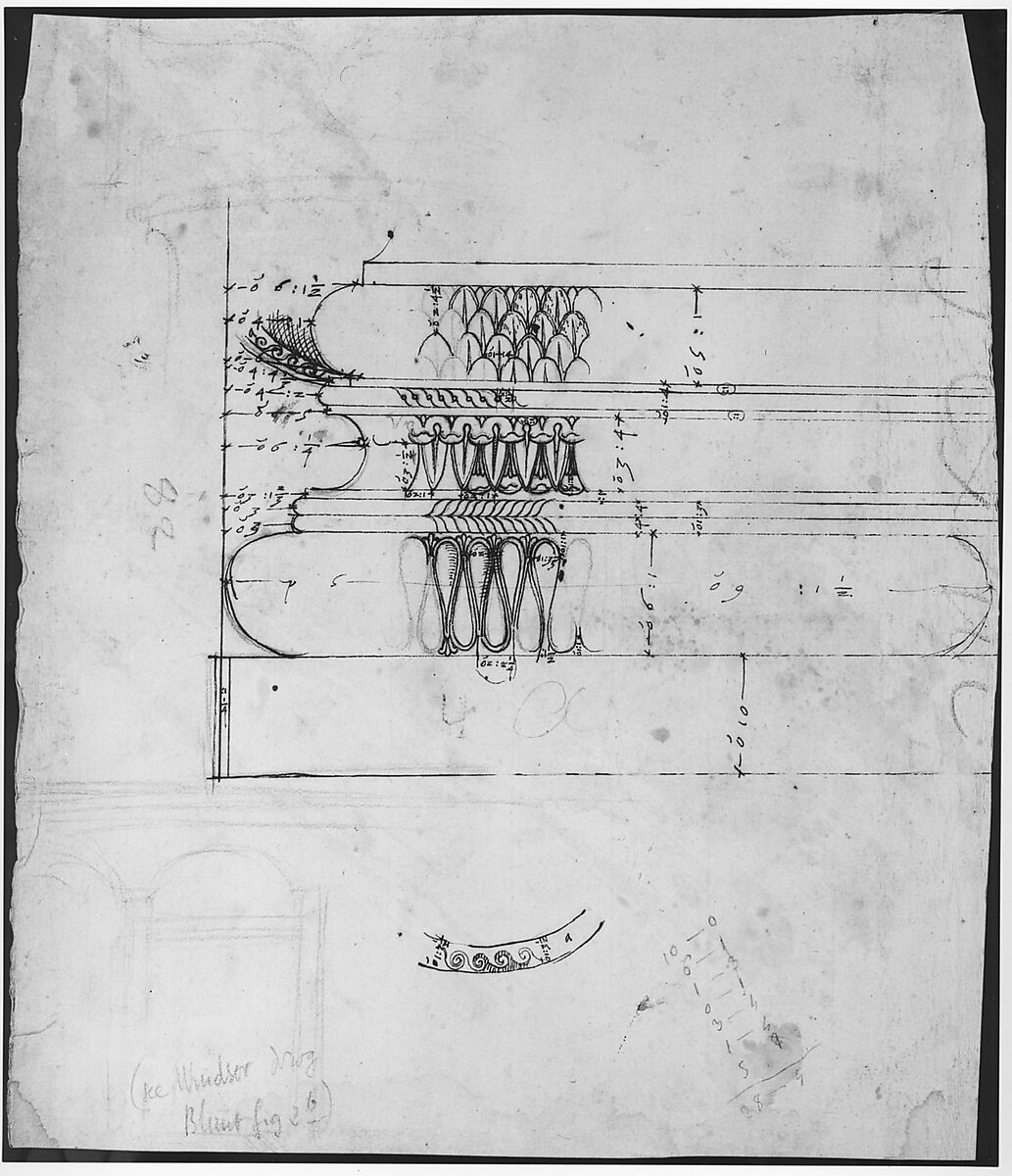 Forum of Augustus, hemicycle, Attic base, elevation and sculpted detail; Ionic capital, elevation; Palazzo Baldassini, cortile, elevation (recto) blank (verso), Drawn by Anonymous, French, 16th century, Dark brown ink, black chalk, and incised lines