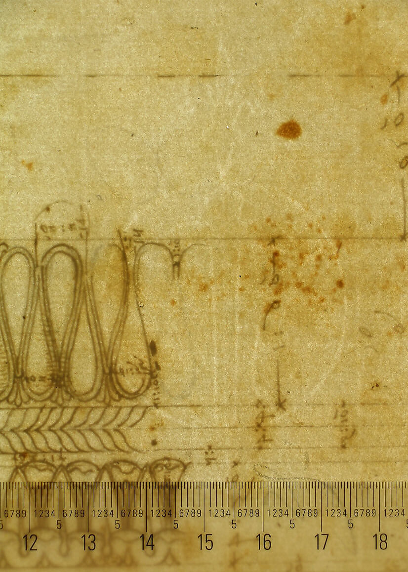Forum of Augustus, hemicycle, Attic base, elevation and sculpted detail; Ionic capital, elevation; Palazzo Baldassini, cortile, elevation (recto) blank (verso), Drawn by Anonymous, French, 16th century, Dark brown ink, black chalk, and incised lines