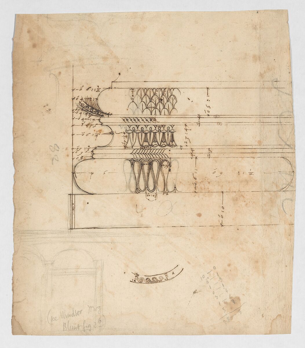 Forum of Augustus, hemicycle, Attic base, elevation and sculpted detail; Ionic capital, elevation; Palazzo Baldassini, cortile, elevation (recto) blank (verso), Drawn by Anonymous, French, 16th century, Dark brown ink, black chalk, and incised lines 