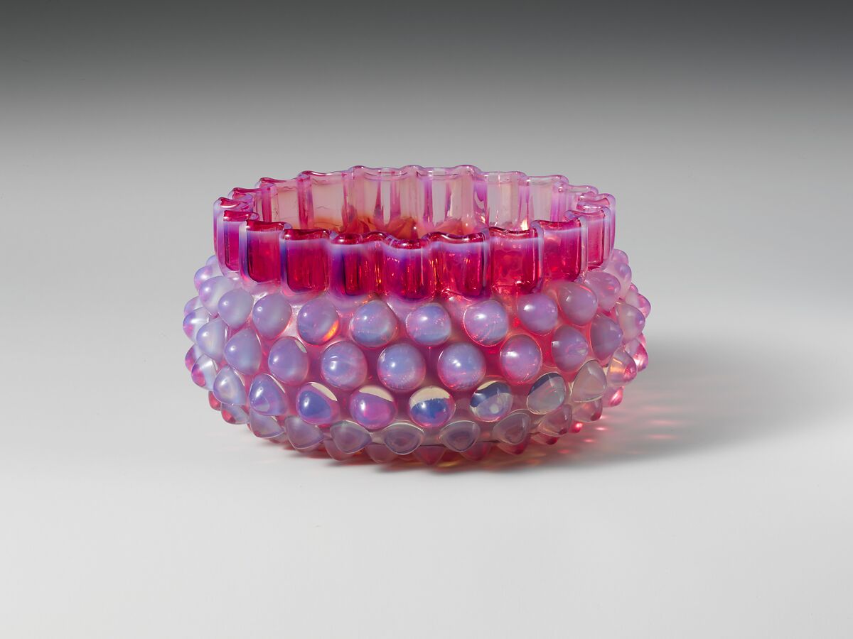 Hobnail Finger Bowl, Probably Hobbs, Brockunier and Company (1863–1891), Pressed cranberry and opalescent glass, American 